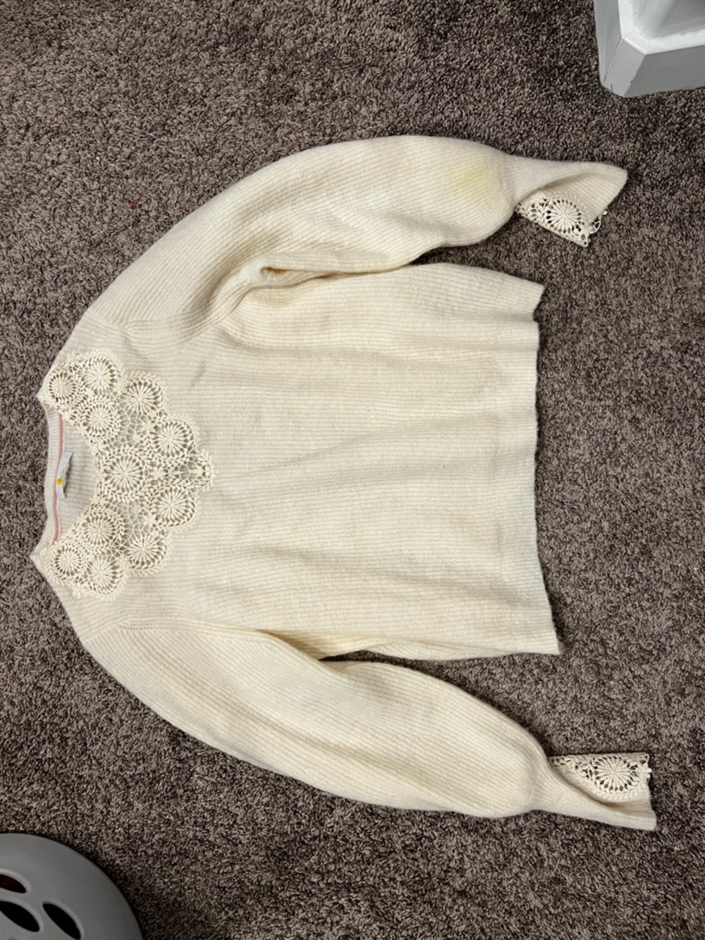 Boden Cream Crochet Yoke Crewneck Sweater